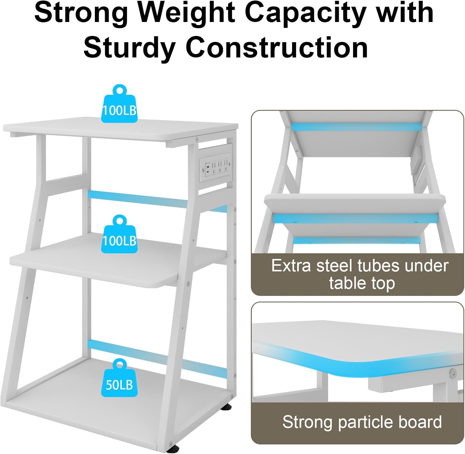 Natwind 23.6'x19.7' Large Printer Stand,3 Tier Printer Table with Charging Station, Rolling Cart with Adjustable Storage Shelf for Home Office Organization, Stand for Heat Press,3D Printer (White)