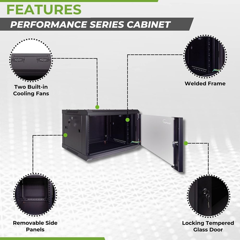 NavePoint 6U Server Cabinet Wall Mount Rack Enclosure Includes 2 Fans, Locking Glass Door, Removable Side Panels – 6U Network Cabinet 17.7' Deep, 19 Inch Server Rack for IT and A/V Equipment
