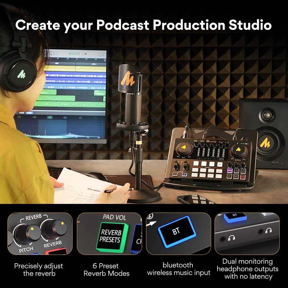 MAONO Podcast Equipment Bundle with Audio Interface and XLR Condenser Microphone, MaonoCaster with 48V Phantom Power, Bluetooth for Podcast, Streaming, Voice Over, Youtube, PC, Guitar (AME2A)