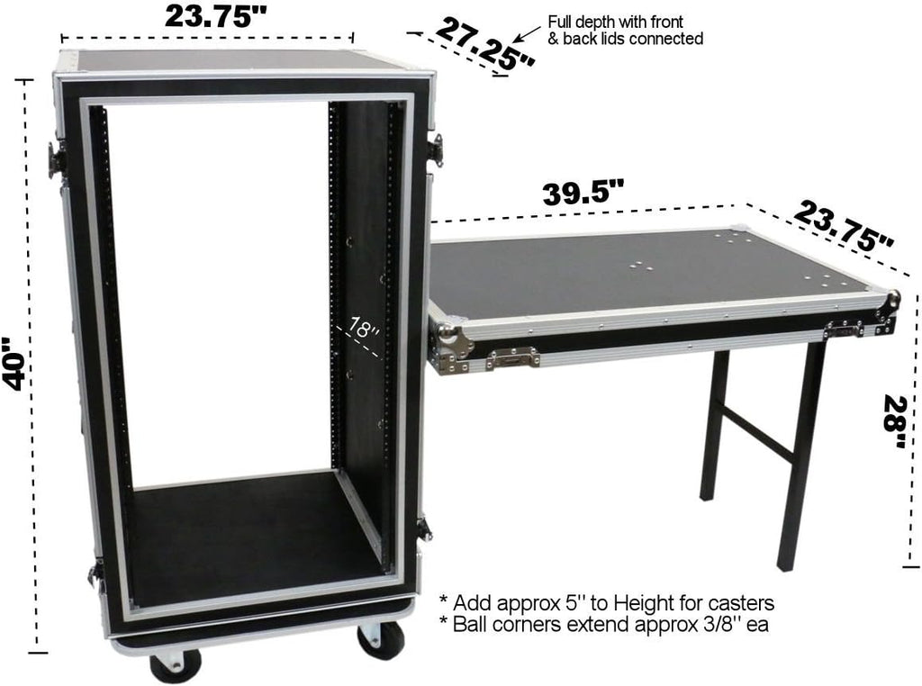 20 Space (20U) ATA Rack Amp Road Shock Mount Case (20' Deep) w/ Casters & Lid Table