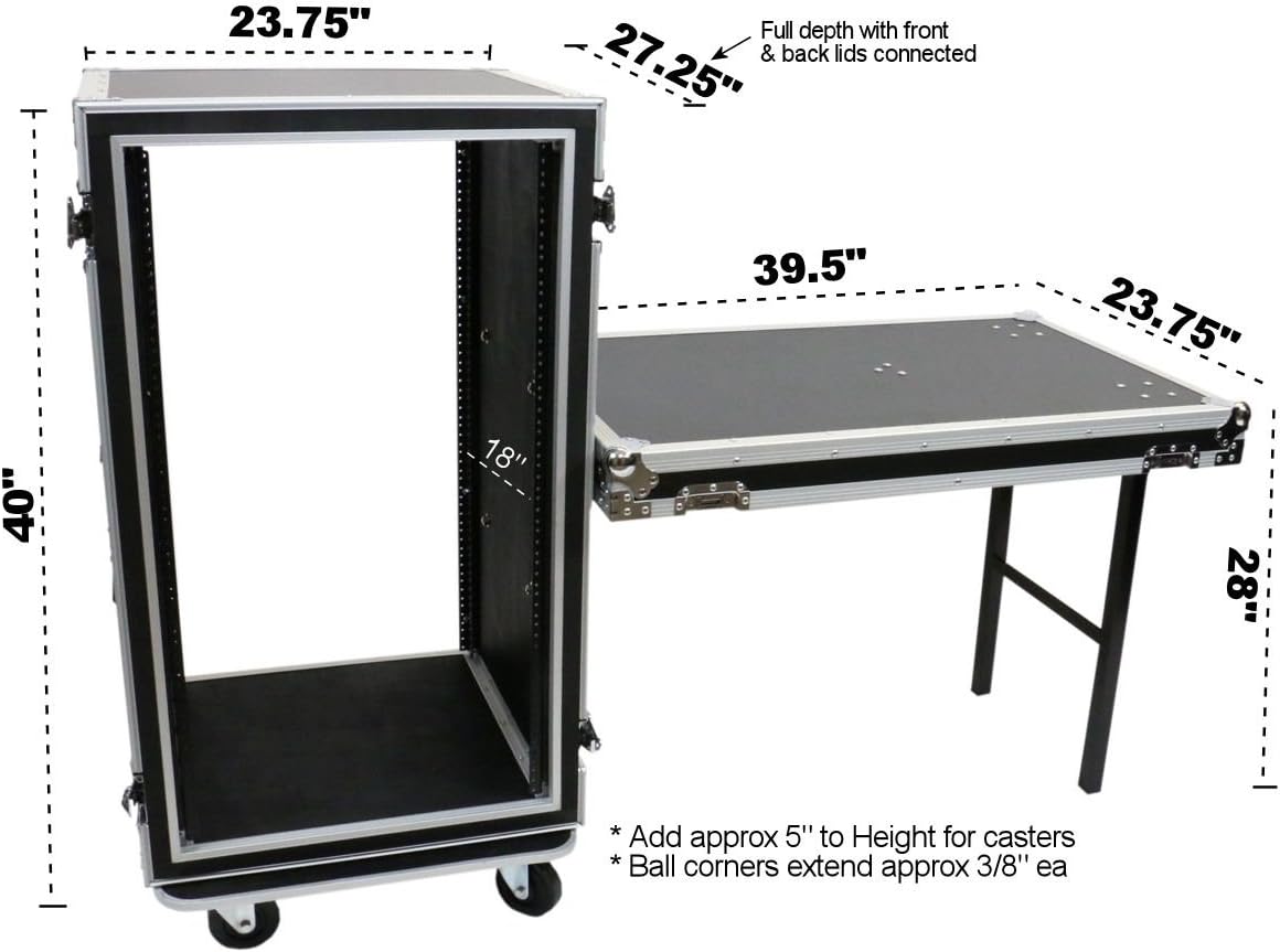 20 Space (20U) ATA Rack Amp Road Shock Mount Case (20' Deep) w/ Casters & Lid Table