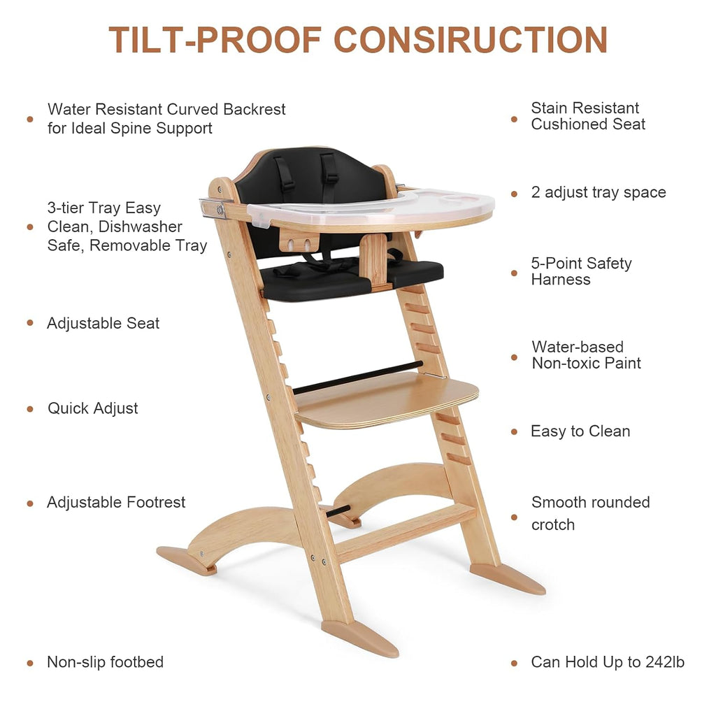 Cowiewie New Upgrade 3-in-1 Convertible Wooden High Chair for Babies & Toddlers 10 Levels Adjustable 3-Tier Remove 2 Waterproof Cozy Cushions Black