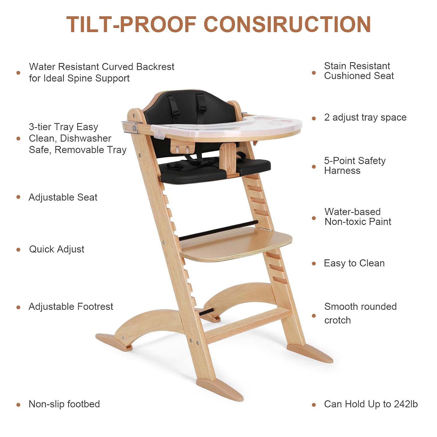 Cowiewie New Upgrade 3-in-1 Convertible Wooden High Chair for Babies & Toddlers 10 Levels Adjustable 3-Tier Remove 2 Waterproof Cozy Cushions Black