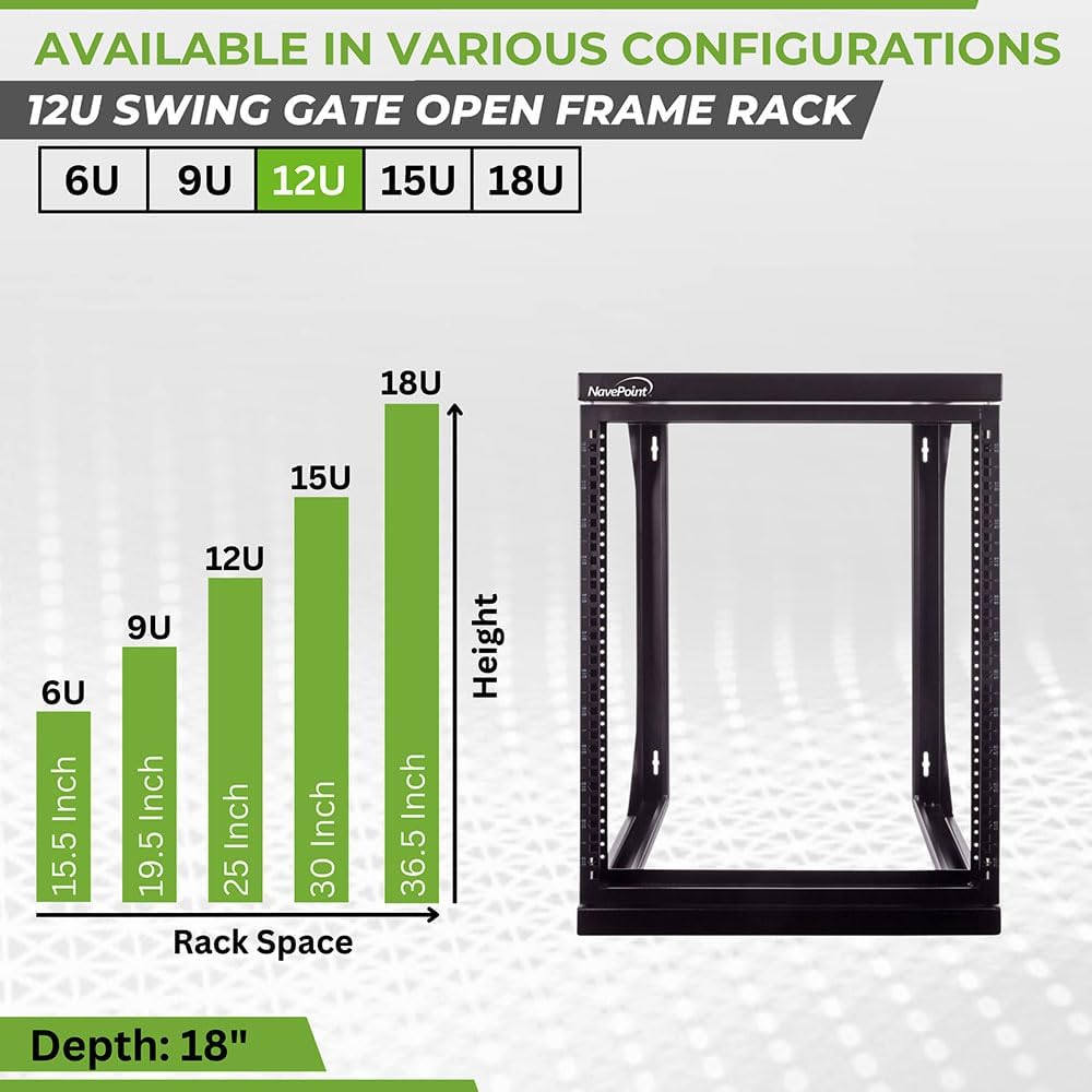 NavePoint 12U Open Frame Server Rack for 19' IT Network Equipment & A/V Devices, Free Standing or Wall Mount Rack with 180 Degrees Gate Swing, Black