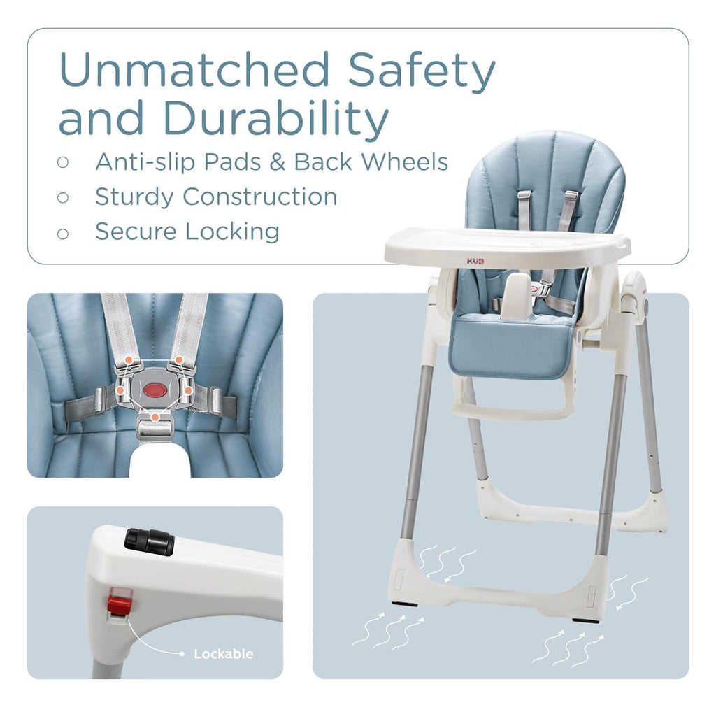 KÜB 3-in-1 Foldable Baby High Chair | Multifunctional Infant High Chairs for Babies and Toddlers | Removable Seat & Tray for Easy Clean | 7 Height & 4 Recline Adjustable | 2 Locking Wheels(Blue)