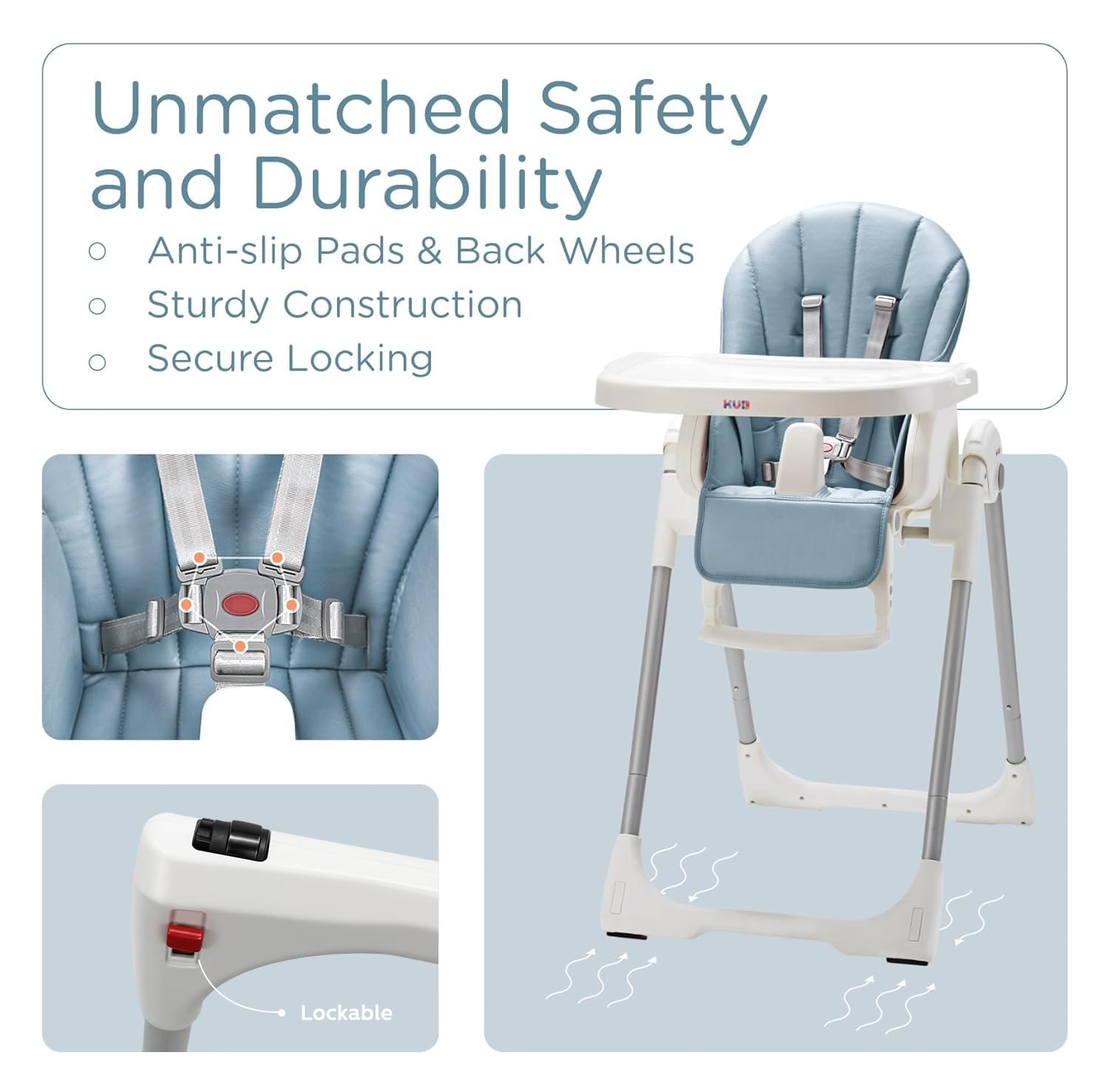 KÜB 3-in-1 Foldable Baby High Chair | Multifunctional Infant High Chairs for Babies and Toddlers | Removable Seat & Tray for Easy Clean | 7 Height & 4 Recline Adjustable | 2 Locking Wheels(Blue)