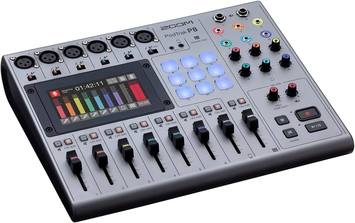 Zoom PodTrak P8 Podcast Recorder with 6 XLR Inputs, 6 Headphone Outputs, Phone Input, Sound Pads, Onboard Editing, USB Audio Interface, Battery Powered