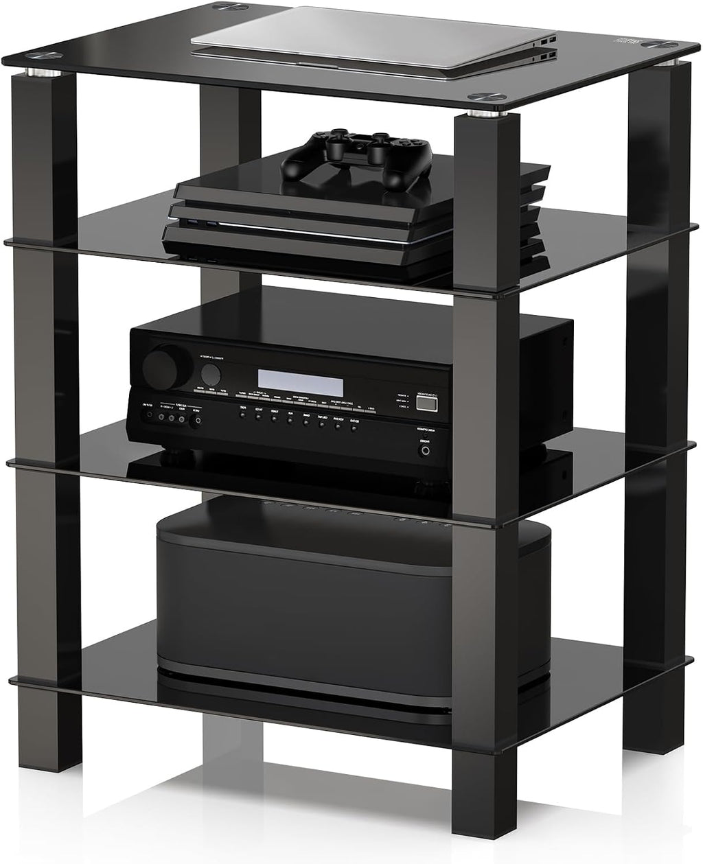 FITUEYES 4-Tier Media Stand Audio/Video Component Cabinet with Glass Shelf for Xbox One/ps4 AS406002GB