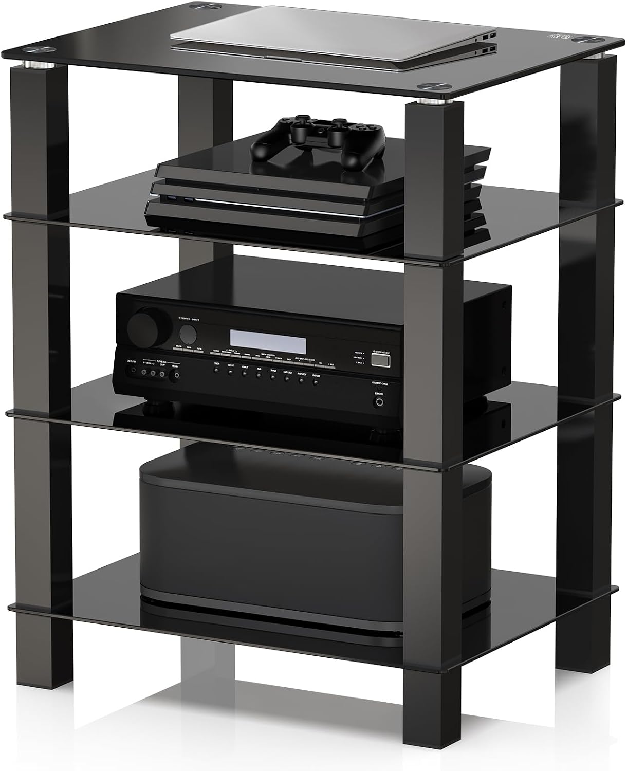 FITUEYES 4-Tier Media Stand Audio/Video Component Cabinet with Glass Shelf for Xbox One/ps4 AS406002GB
