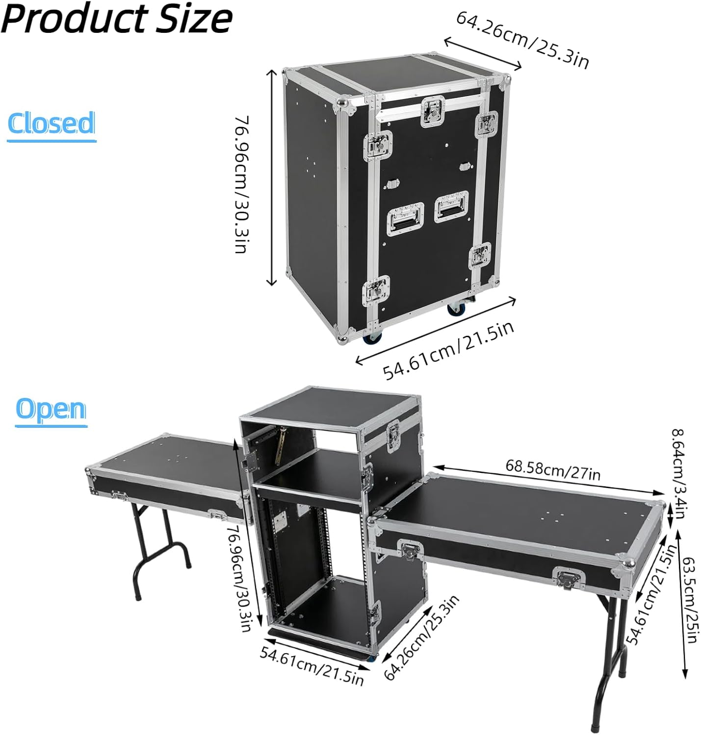 14U PA Audio Rack 2 Tiers Studio Rack with 2*DJ Table Tops, Mobile Flight Case Frame Server Rack with Wheels DJ Table DJ Rack for Studios Parties KTVs