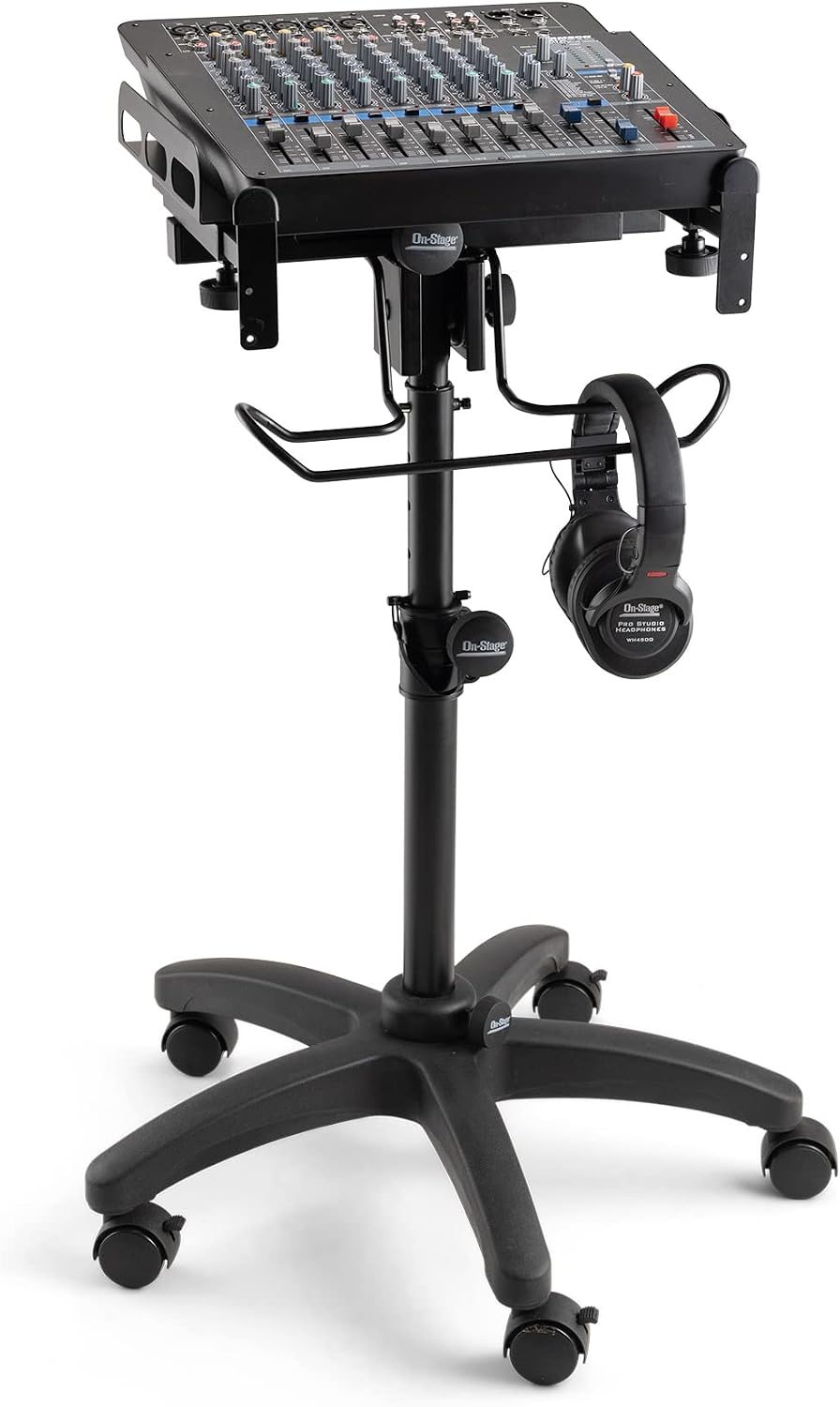 OnStage MIX-400 V2 Mobile Mixer Stand: Rolling platform for mixers, laptops, controllers. Height adjustable (28'-38'), rackmount compatible, headphone hanger. Portable, black finish.