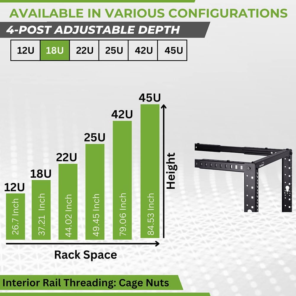NavePoint 4-Post Open Frame Racks 19-inch Standard, Adjustable 22'-40', Square Holes/Cage Nuts - Parent