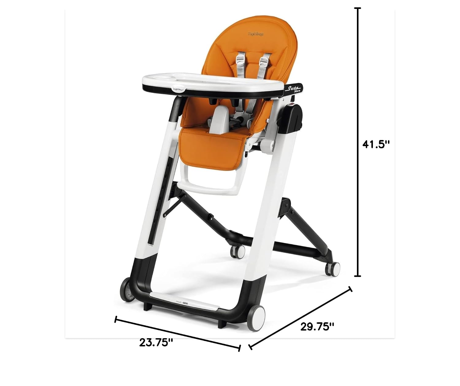 Peg Perego Siesta, Grow With Baby Folding High Chair & Recliner, Height Adjustable, Quick Clean & Easy Push Wheels For Babies & Toddlers, Made in Italy, Arancia (Orange)