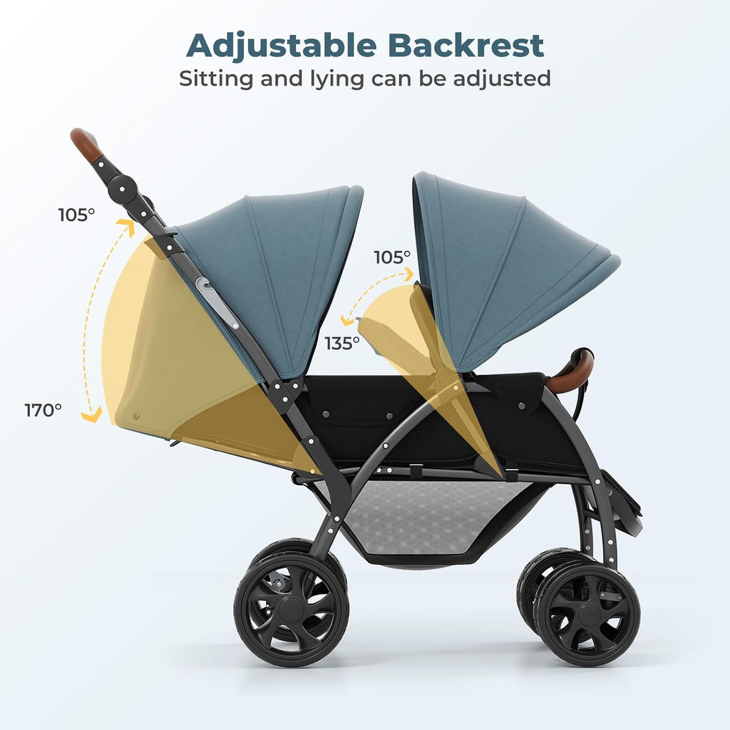 INFANS Double Stroller, Foldable Baby Tandem Stroller with Djustable Backrest Canopy Footrest, 5-Point Harness, Storage Basket, Convertible Compact Twin Stroller for Infants and Toddlers (Sage)