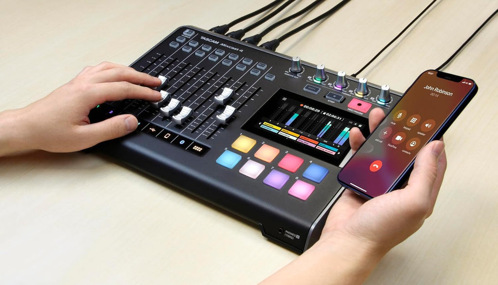 TASCAM Mixcast 4 Podcast Streaming Mixer, Recorder, and USB Audio Interface — Four XLR/TRS Mic Inputs, Touch Screen and Editing Software Included