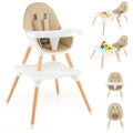 HONEY JOY Baby High Chair, 6-in-1 Convertible Wooden Highchair for Babies and Toddlers/Table Set/Toddler Chair with Safety Harness, 4-Position Removable Feeding Tray (Khaki)
