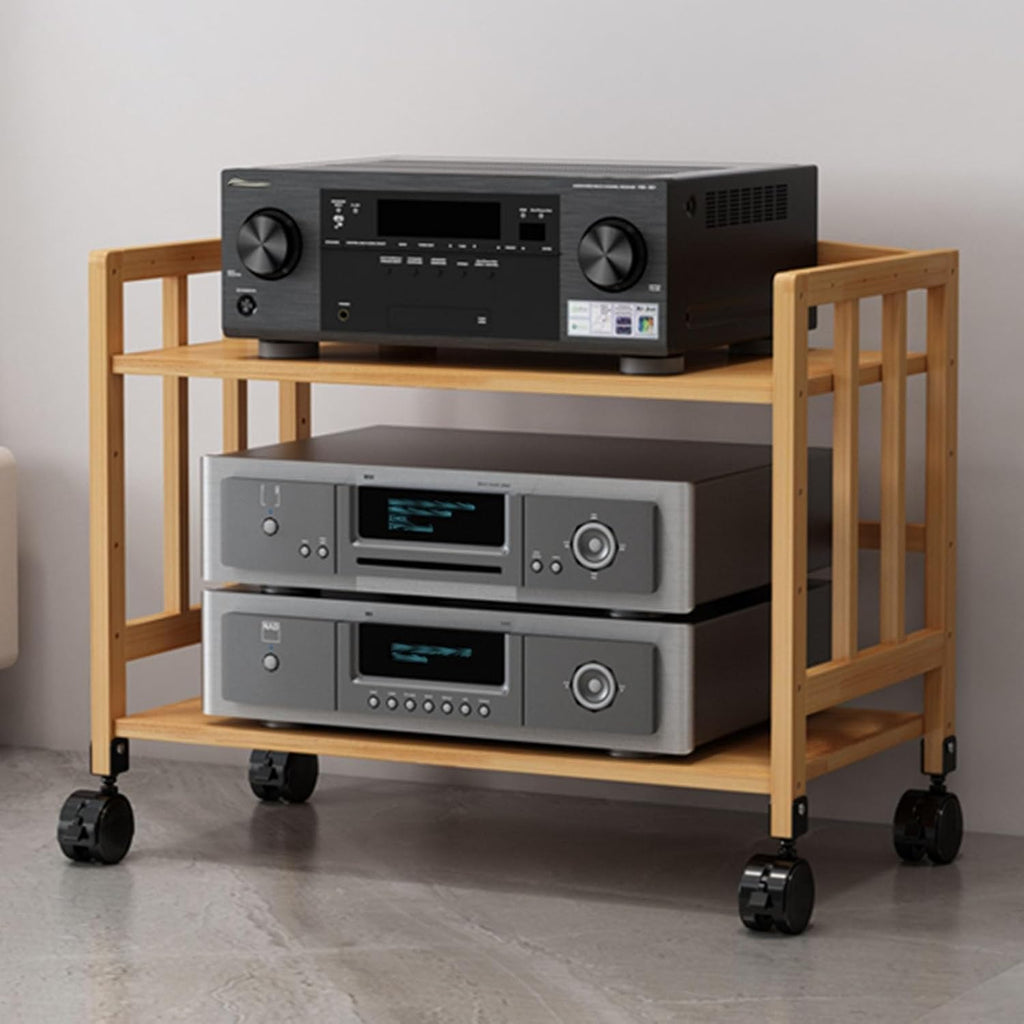 19 Inch Audio Rack Wood, 2 Tier Rolling Stereo Stand Cabinet with Height Adjustable Shelf, Heavy Duty AV Media Holder for Storage DVD Players/Game Console/TV Box(Natural,W 55 cm(21 2/3 in))