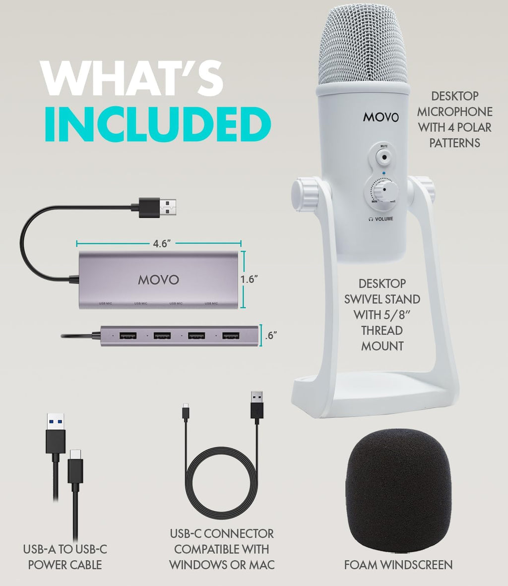 Movo USB Podcast Equipment Bundle for 4 – USB Interface with 4 UM700 Condenser Microphones – 4-Port Powered Hub for Streaming, Podcasting, Interviews (White)
