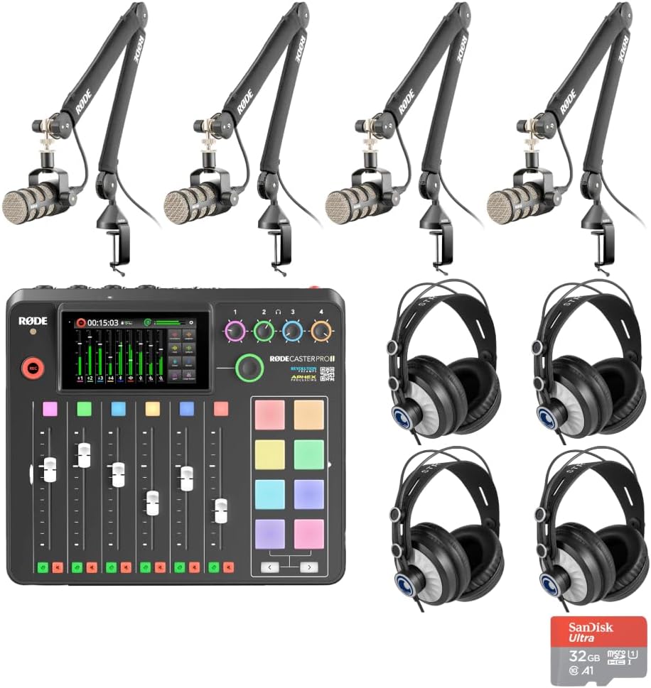 Rode RODECaster Pro 2 Podcast Mixer Bundle — 4x PodMic Mics, PSA1+ Boom Arms, Headphones, XLR Cables & 32GB SD Card | 4-Person Complete Podcast Studio Kit