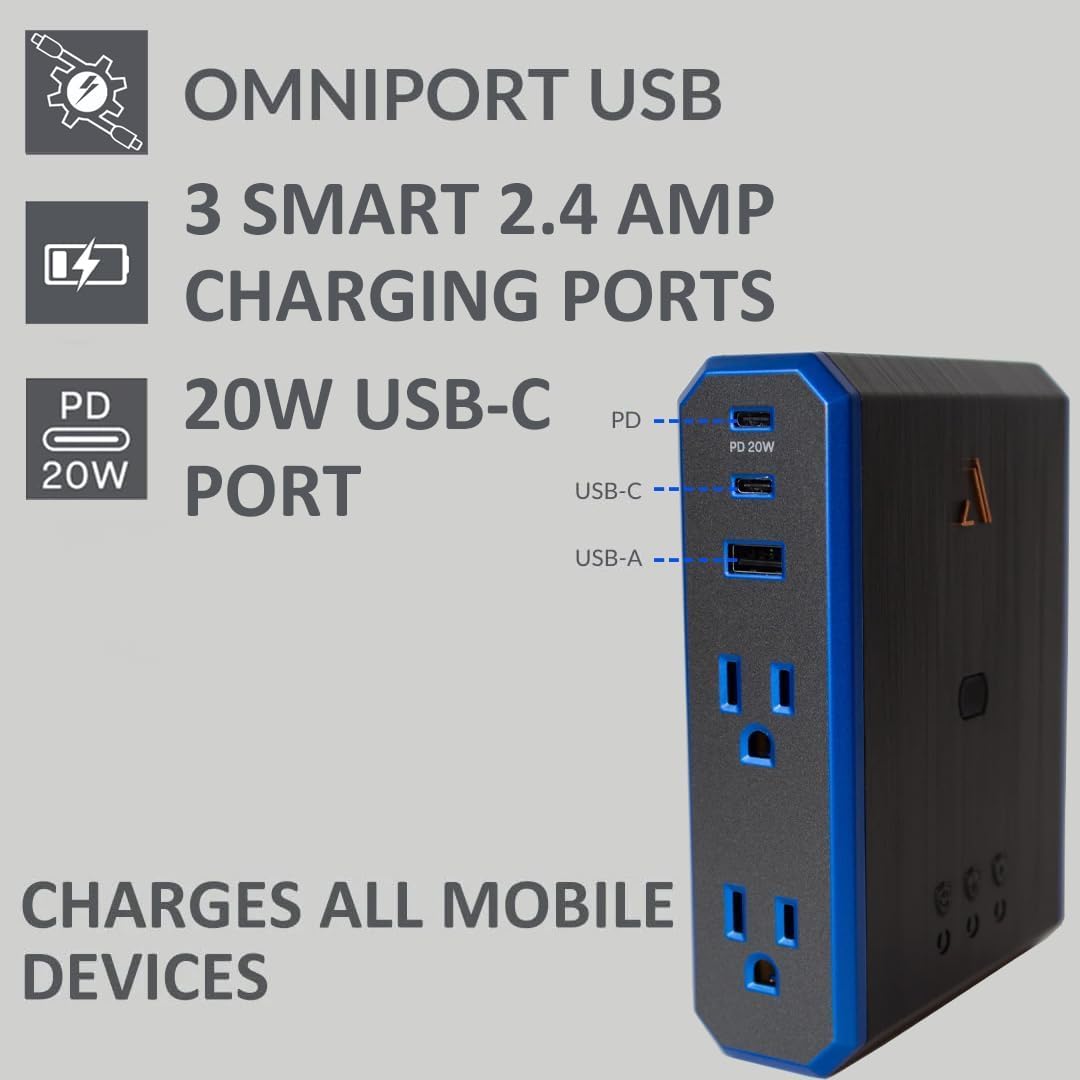 Austere V Series, Wall Power 4 Outlet Surge Protector, 3000 Joules, EMI/RFI Filtering, 1 USB-C 20W Fast Charger, 1 USB-C 2.4 amps, 1 USB-A 2.4 amps, Overcurrent Protection, 5 Year Component Guarantee