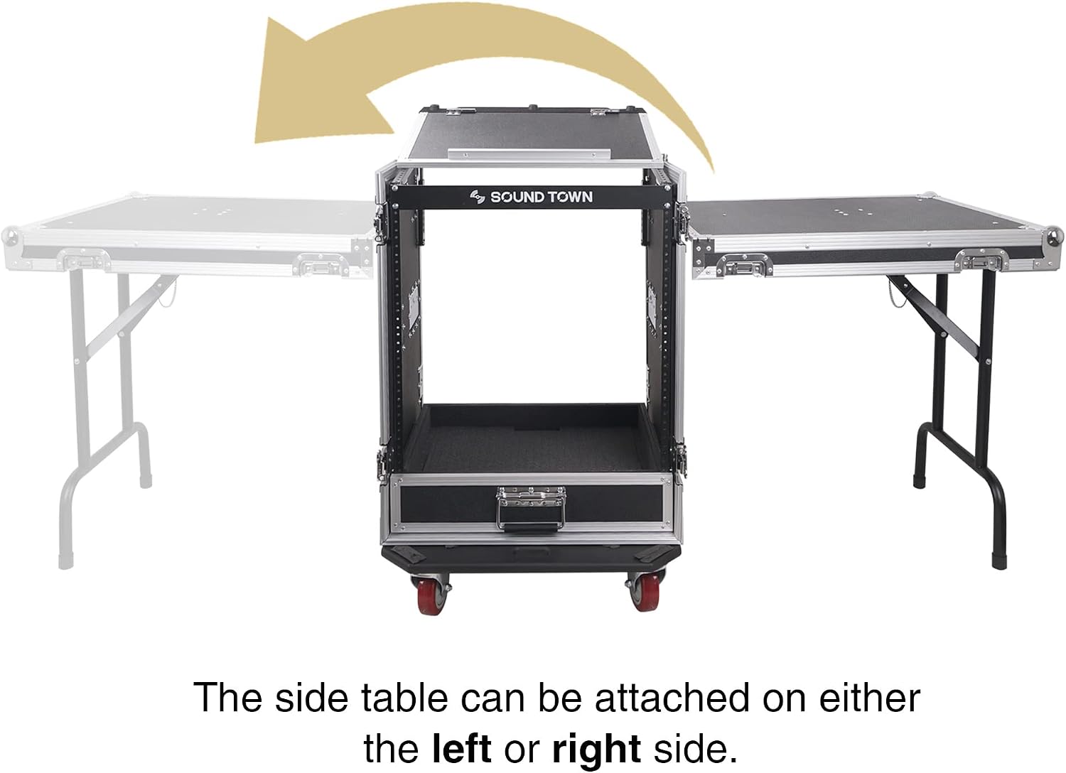 Sound Town 14U PA DJ Pro Audio Rack/Road ATA Case with 2U Drawer, 11U Slant Mixer Top, DJ Work Table, Casters, Pro Tour Grade (MR-DR14UT)