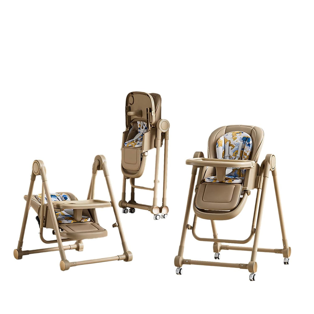 Multi Functional All in 1 Baby High Chair Swings for Infants Foldable Rocking 8 Level Height Adjustment Eco Friendly Washable PU Cushion Ultimate Baby Feeding Chair (Brown)