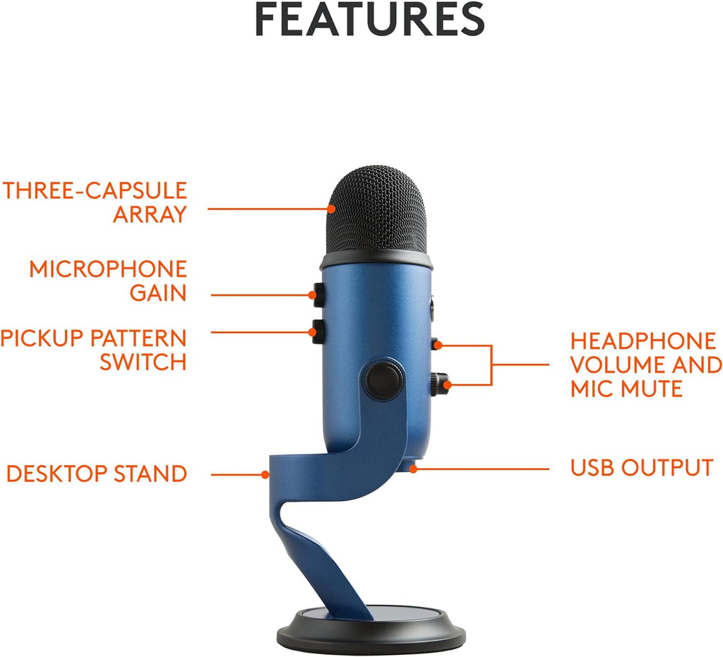 Logitech Creators Blue Yeti USB Microphone for PC, Mac, Gaming, Streaming, Podcasting, Studio and Computer Condenser Mic with Blue VO!CE Effects, 4 Pickup Patterns, Plug and Play - Midnight Blue