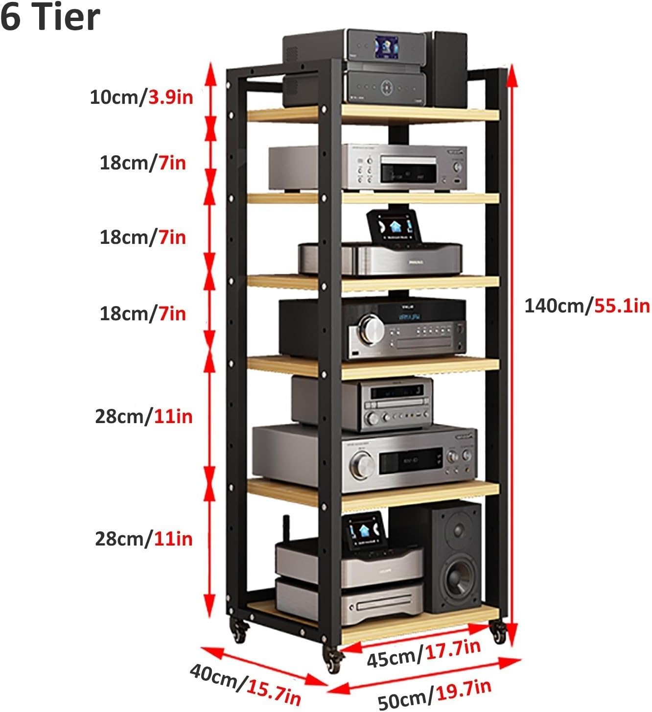5 6 7 Tier AV Media Cabinet Stand, 4.6FT Tall Audio Tower Rack, Corner TV Stand with Adjustable Shelf, Modern Stereo Racks and Stands for Living, Gaming, Recording Room(Black-2, 6 Tier)