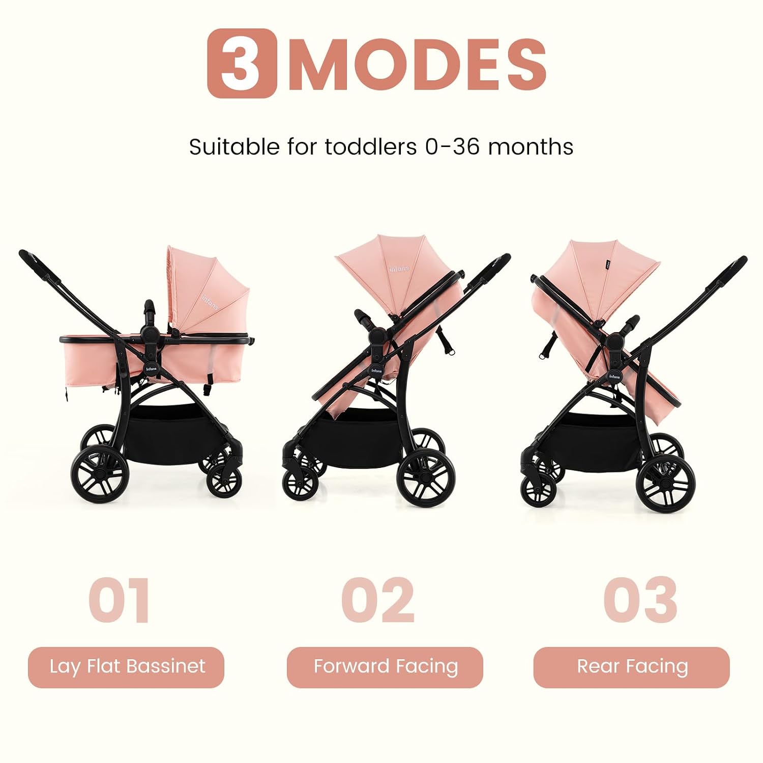 INFANS 2 in 1 Baby Stroller, Convertible Stroller with Bassinet Reversible Seat Adjustable Backrest Canopy One Hand Fold, Compact Toddler Pushchair for Kids Infants Newborns 0-36 Months
