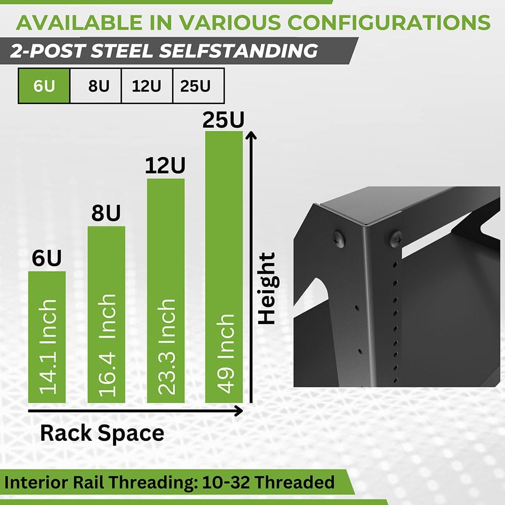 NavePoint 6U 2 Post Server Rack for 19 Inch Equipment, Freestanding Desktop Rack for AV, Networking, Data & IT Devices, Heavy Duty 2-Post Rack 6U 330lbs Weight Capacity, Black