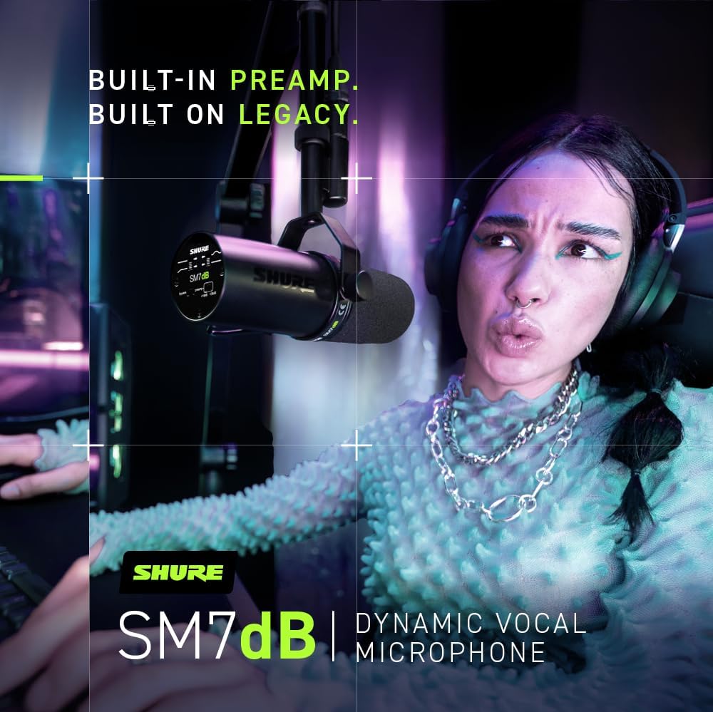 Shure SM7dB Dynamic Studio Microphone with Built-in Preamp – XLR Mic for Podcasting, Streaming & Vocal Recording, Wide Frequency Range, Smooth Warm Audio, Detachable Windscreen, Black