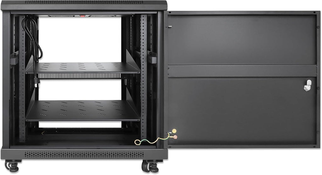 Intellinet 12U Network Server Rack Enclosure Cabinet with Integrated Fans – IP20 Rated, Reversible Tempered-Glass Front Door, Removable Side Panels – 3 Yr Mfg Warranty