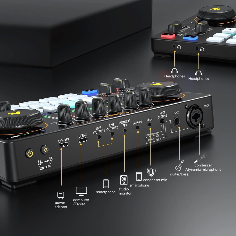 MAONO Podcast Equipment Bundle 10 Channel Audio Interface and XLR Dynamic Microphone MaonoCaster with Pro-preamp, 48V, Bluetooth for Podcast, Streaming, TikTok, Youtube, PC, Smartphone (AME2C Pro)