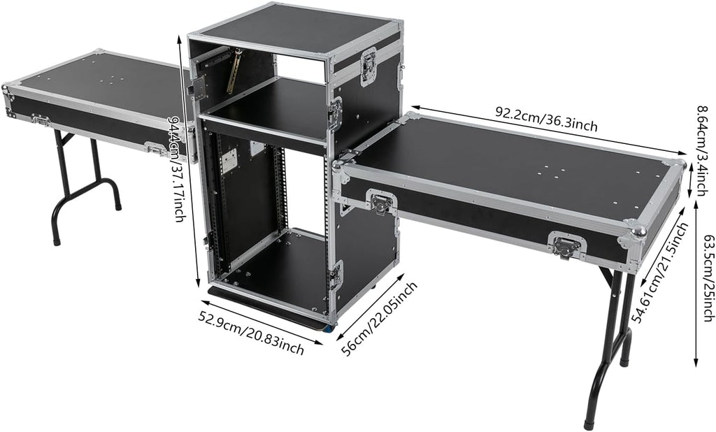 14U PA DJ Rack Case with 4 Wheels, Network and Stereo Rack, Heavy-Duty Double-Layer Studio Equipment Cabinet, Amplifier Mixer Storage Rack for Live Sound, KTV, and Home Theater