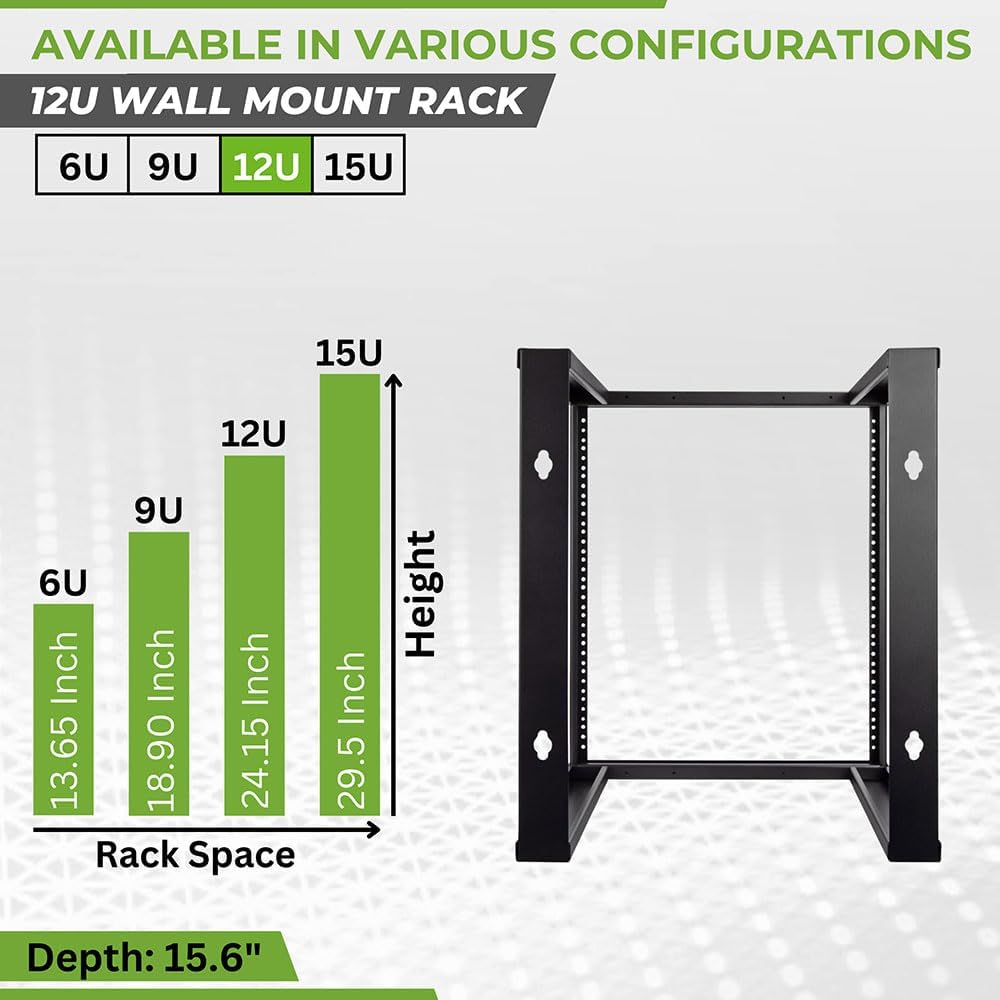 NavePoint 12U Wall Mount Open Frame 19 Inch Server Equipment Rack Threaded 16 inch Depth Black