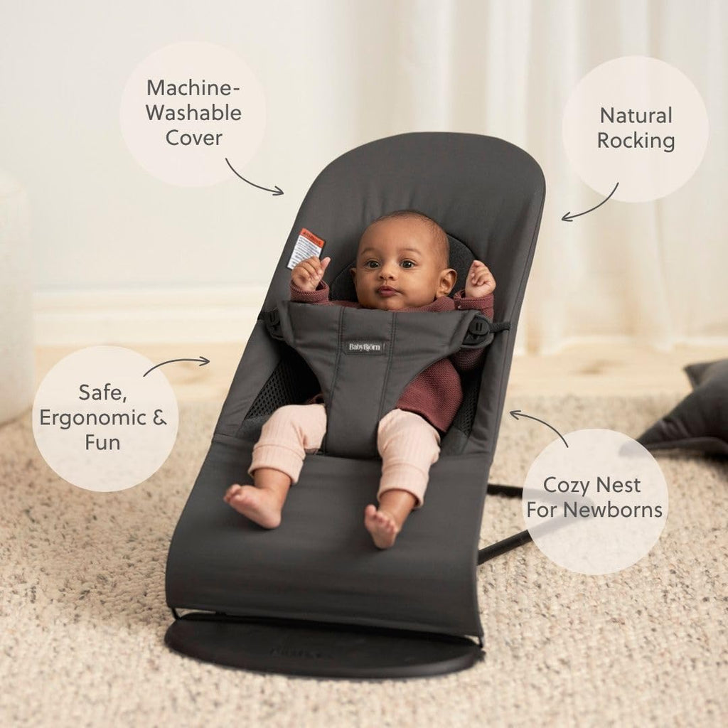 BabyBjörn Bouncer Balance Soft, Dark Gray, Woven/Jersey, Tri-Fabric | 2-in-1 Adjustable Baby Bouncer Seat and Toddler Chair, Newborn to Toddler (8-29 lbs), 4 Positions, Lightweight & Portable