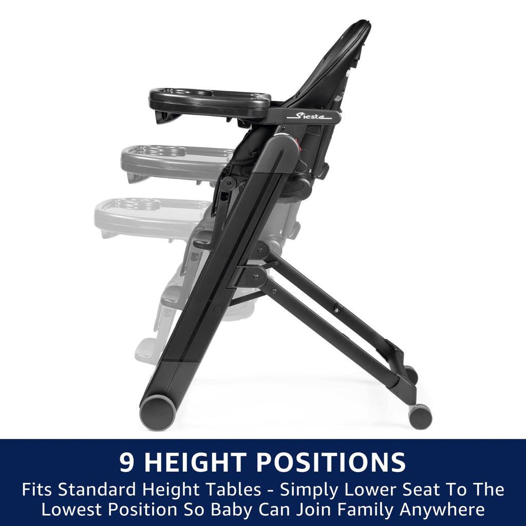 Peg Perego Siesta, Grow With Baby Folding High Chair & Recliner, Height Adjustable, Quick Clean & Easy Push Wheels For Babies & Toddlers, Made in Italy, Licorice (Black)