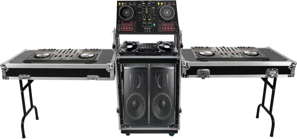 14U PA DJ Pro Audio Rack/Road ATA Case with 2 DJ Work Tables, Heavy-Duty Plywood Av Rack Case with Casters, Mobile 2 Tiers Studio Rack for Storing Electronic Equipment, Metal Corners