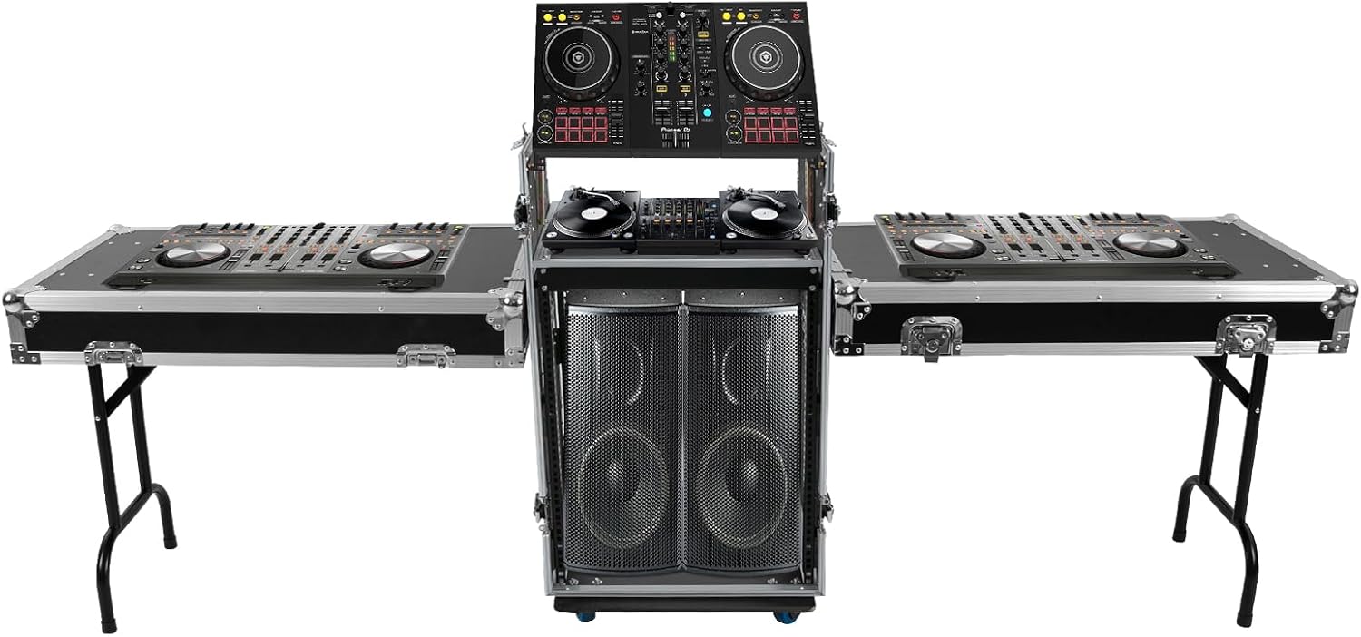 14U PA DJ Pro Audio Rack/Road ATA Case with 2 DJ Work Tables, Heavy-Duty Plywood Av Rack Case with Casters, Mobile 2 Tiers Studio Rack for Storing Electronic Equipment, Metal Corners