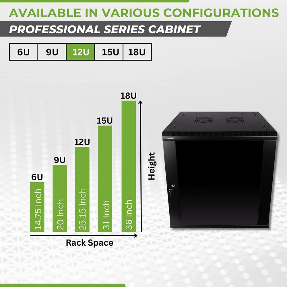 NavePoint 12U Wall Mount Network Cabinet for 19' IT Equipment, A/V, Tempered Glass Door, Locks, 2 Fans, 450mm Depth, Max Weight 132 lbs