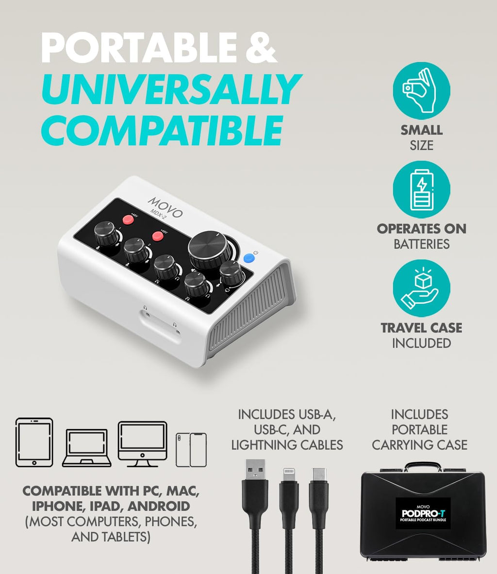 Movo Portable Podcast Equipment Bundle for iPhone/Android Phones- Podcast Kit with Audio Interface, 2 CastMic Dynamic Mics, 2 Table Stands - For Smartphones, Computers, PC, Mac - Lightning, USB, USB-C