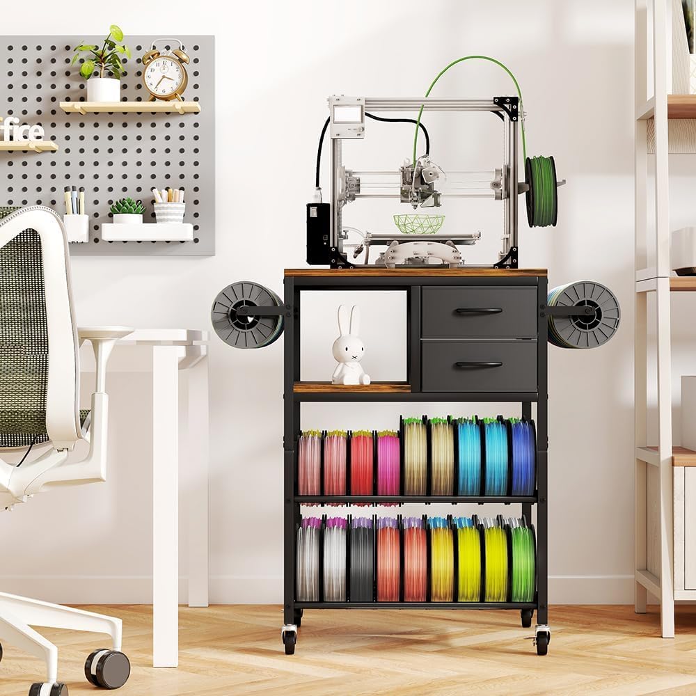 3D Printer Stand with Filaments Storage, Rolling 3D Printer Table Filament Storage Rack with Drawer and Lockable Wheels, Heavy Duty Spool Organizer Rack for Workshop Studio Office