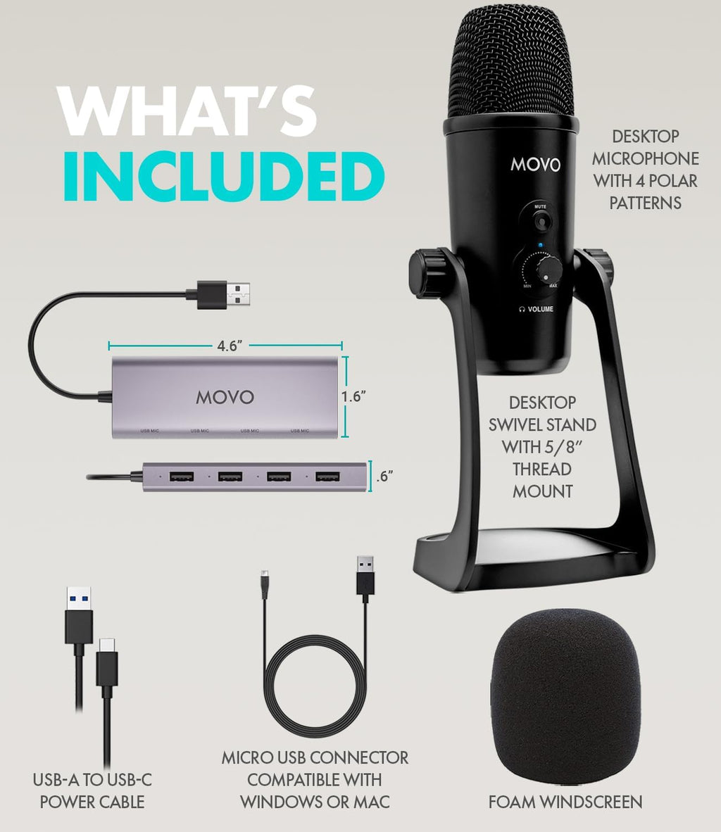 Movo USB Podcast Equipment Bundle for 4 – USB Interface with 4 UM700 Condenser Microphones – 4-Port Powered Hub for Streaming, Podcasting, Interviews