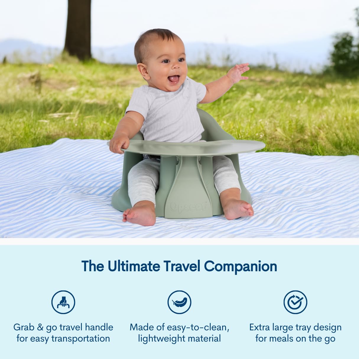 Upseat – The Original Ergonomic Baby Floor & Booster Seat with Tray, Developed with Physical Therapists for Upright Posture & Healthy Hip Development, 4–24 Months, Extra-Large Tray (Sage)