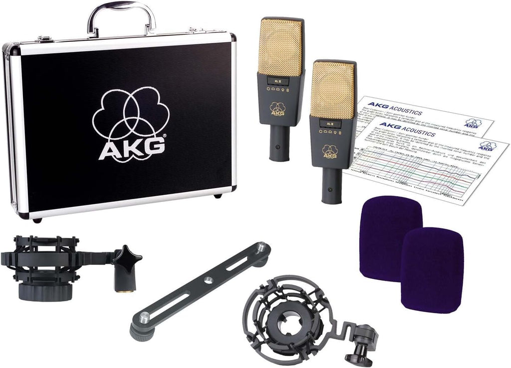 AKG Pro Audio C414 XLII Stereoset Large-Diaphragm, Vocal, Instrument Condenser Microphone, Multipattern, Live Sound or Studio, with Accessories, and Hard Case, Matched Pair. Black and Gold