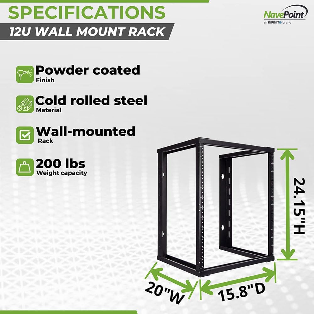 NavePoint 12U Wall Mount Open Frame 19 Inch Server Equipment Rack Threaded 16 inch Depth Black