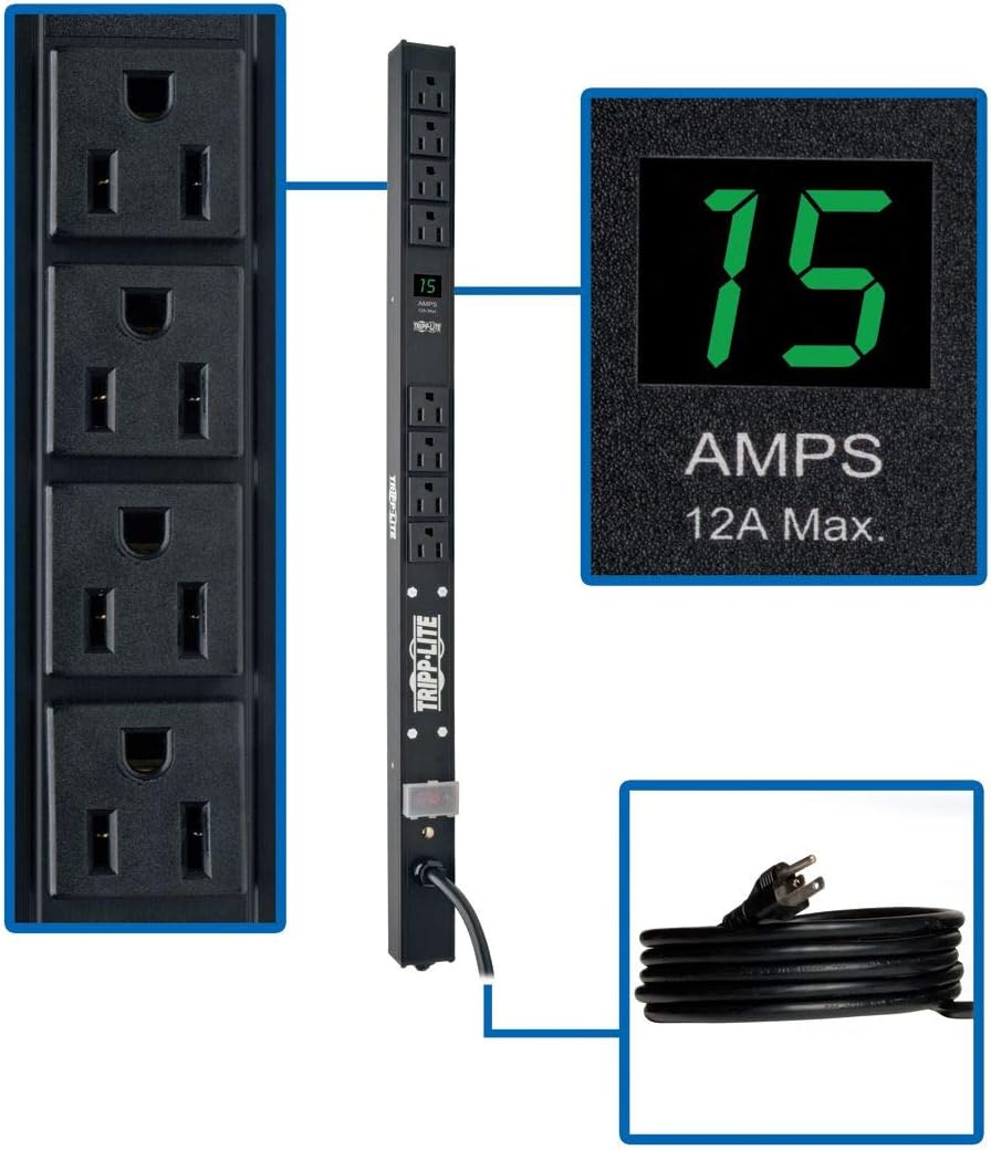 Tripp Lite Metered PDU, 15A, 8 Outlets (5-15R), 120V, 5-15P, 15 ft. Cord, 0U Vertical Rack-Mount Power (PDUMV15-24)