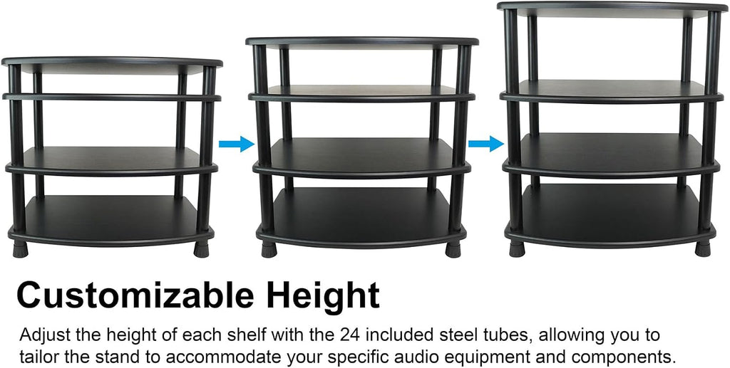 Rockville FLX Black Adjustable Height 4 Shelf Home Theater Audio Rack Stand, 24'x18', 300lb Limit, Steel Tubes, Perfect for Home Theaters, Studios
