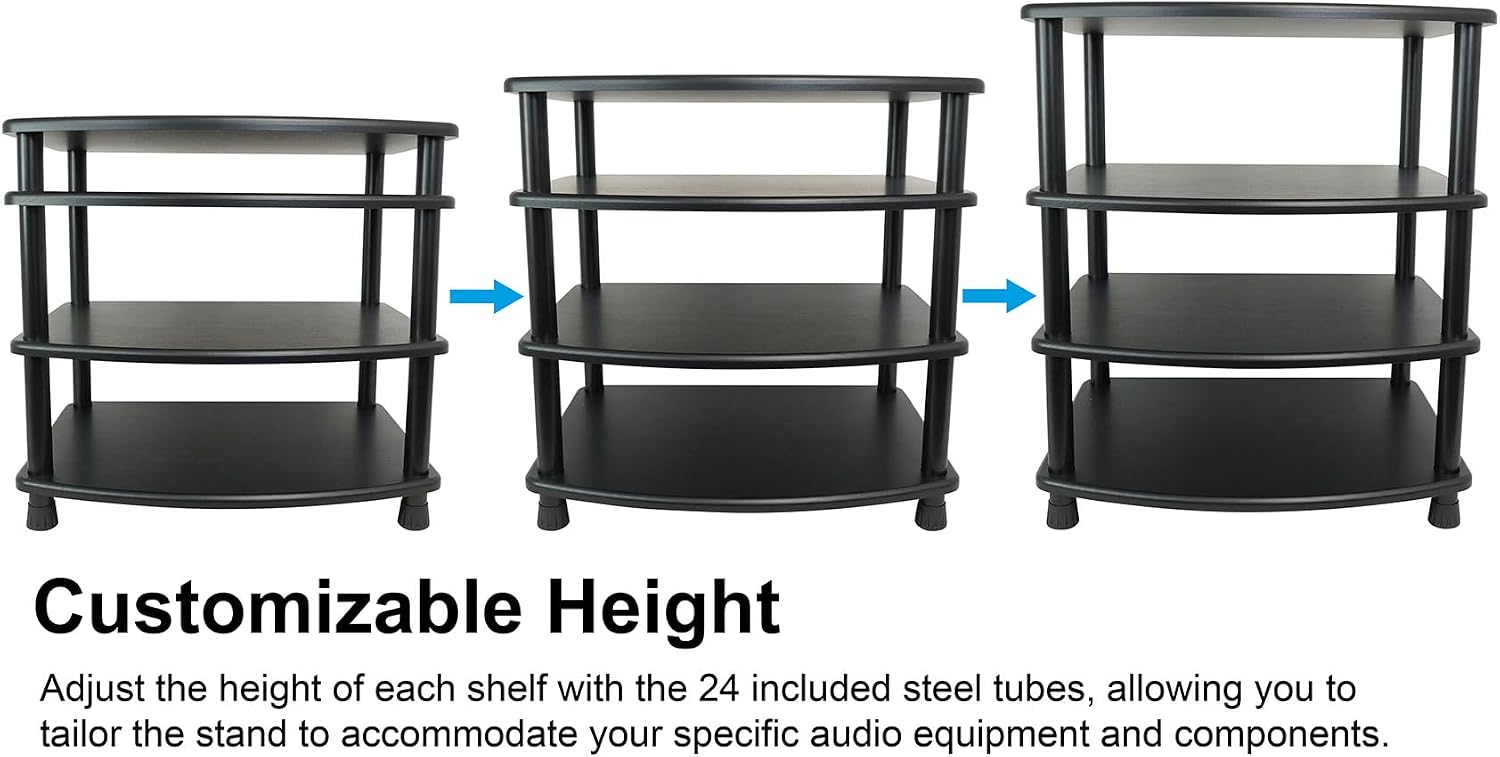 Rockville FLX Black Adjustable Height 4 Shelf Home Theater Audio Rack Stand, 24'x18', 300lb Limit, Steel Tubes, Perfect for Home Theaters, Studios