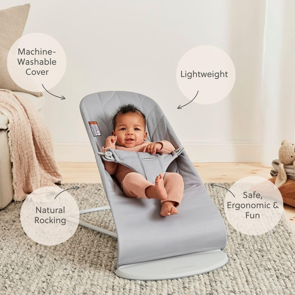 BabyBjörn Bouncer Bliss, Light Gray, Woven, Petal Quilt | 2-in-1 Adjustable Baby Bouncer Seat and Toddler Chair, Newborn to Toddler (8-29 lbs), 4 Positions, Lightweight & Portable